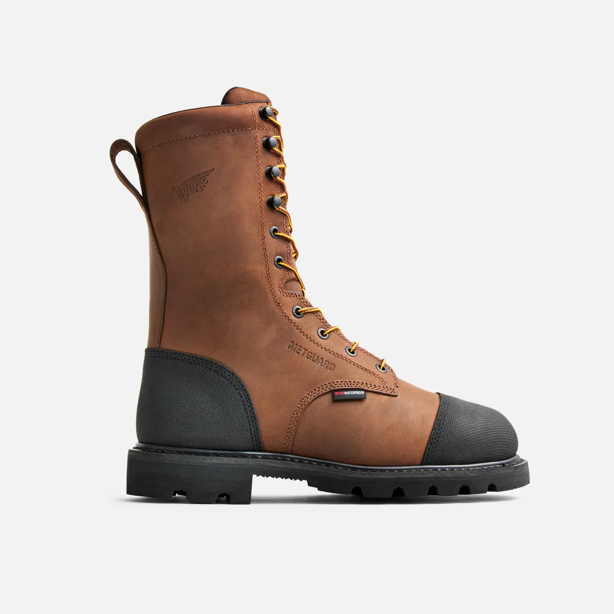 Red Wing steel toe metguard work boot with yellow laces and black rubber sole