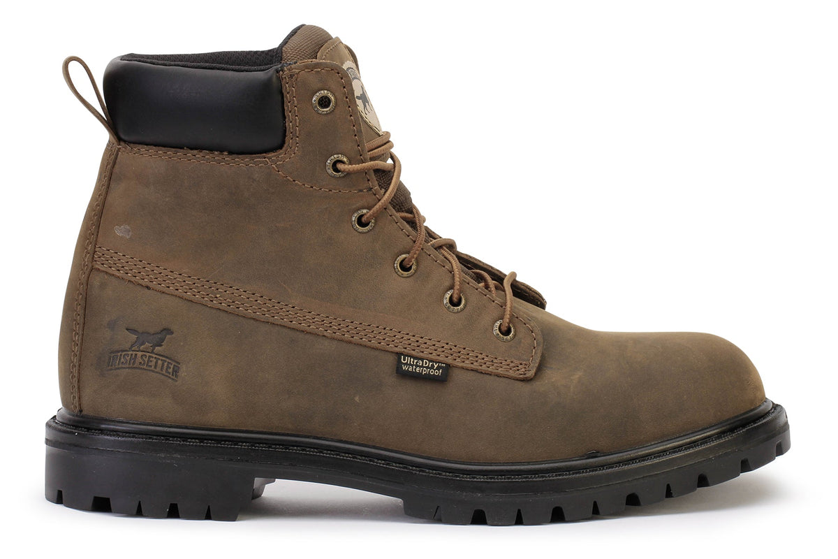 Irish Setter mens 6-inch waterproof lace-up work boot with lugged outsole, lateral view