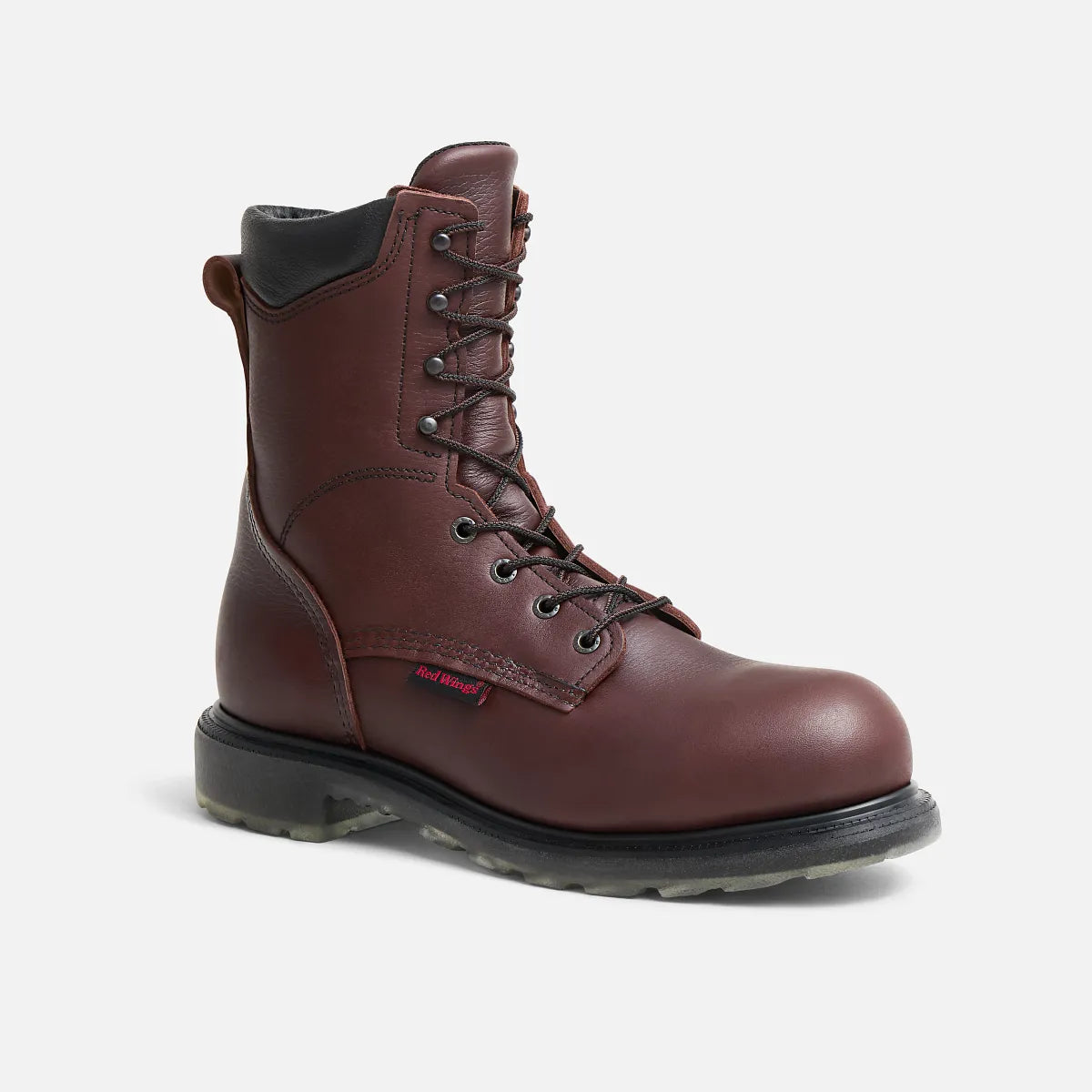 Red Wing mens steel toe lace-up work boot with tall leather shaft and rugged outsole