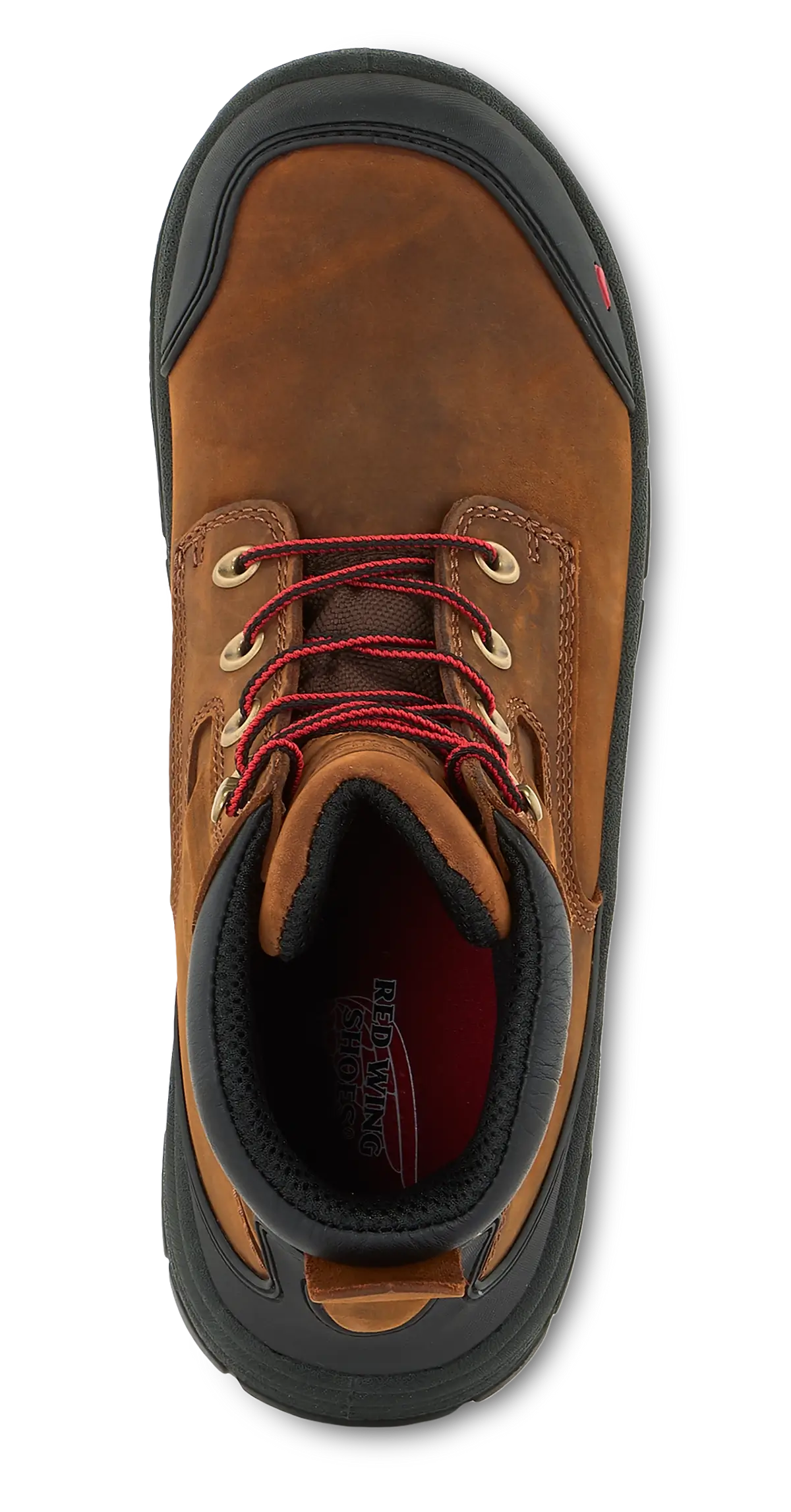 Red Wing King Toe ADC 6-inch safety toe work boot viewed from above showing red laces