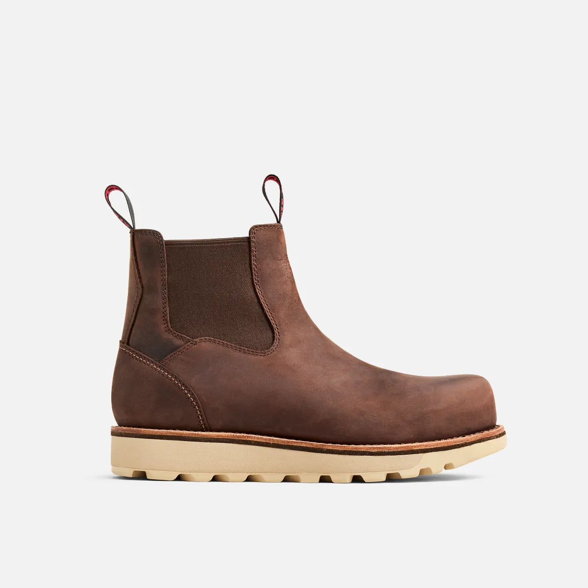 Red Wing men's brown leather Chelsea boot with elastic side panels and cream wedge sole