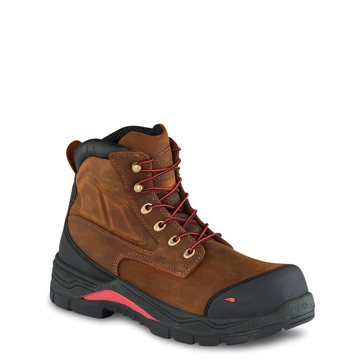 Red Wing mens 6-inch brown leather safety toe work boot with red laces and black sole