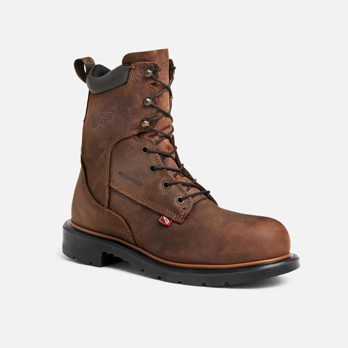 Red Wing men's 8-inch lace-up waterproof work boot with soft toe on white background