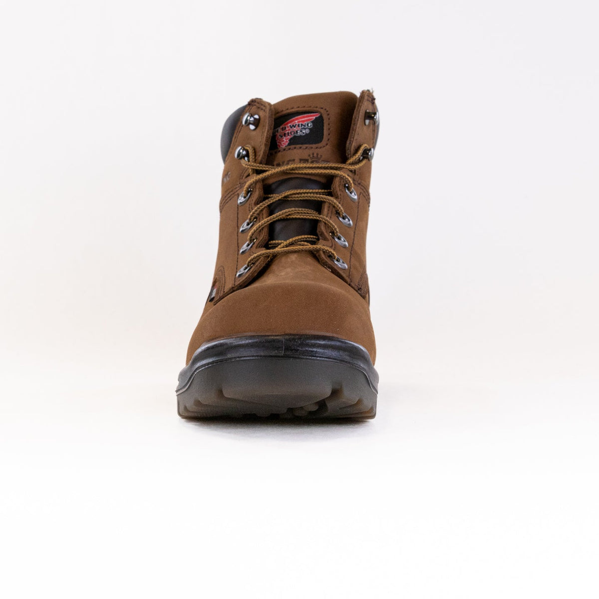 Red Wing work boot with lace-up closure, soft toe, and black rubber outsole, front view