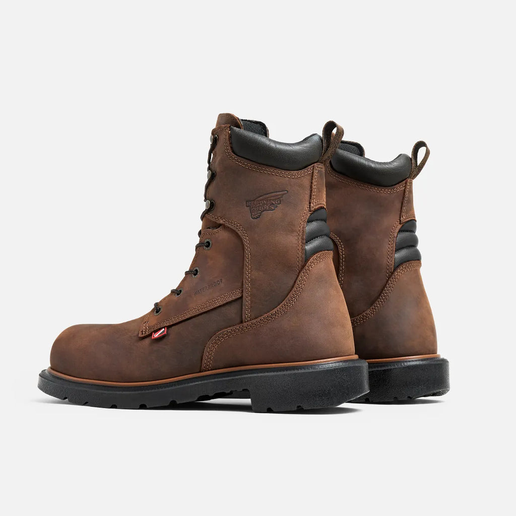 Red Wing Dynaforce 8-inch steel toe waterproof work boots shown from rear angle, pair