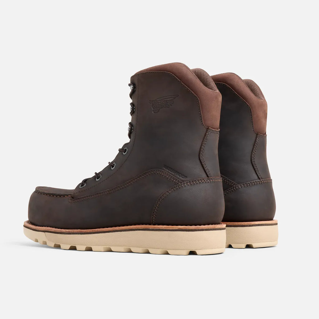 Red Wing mens work boots rear view showing moc toe stitching and lug sole
