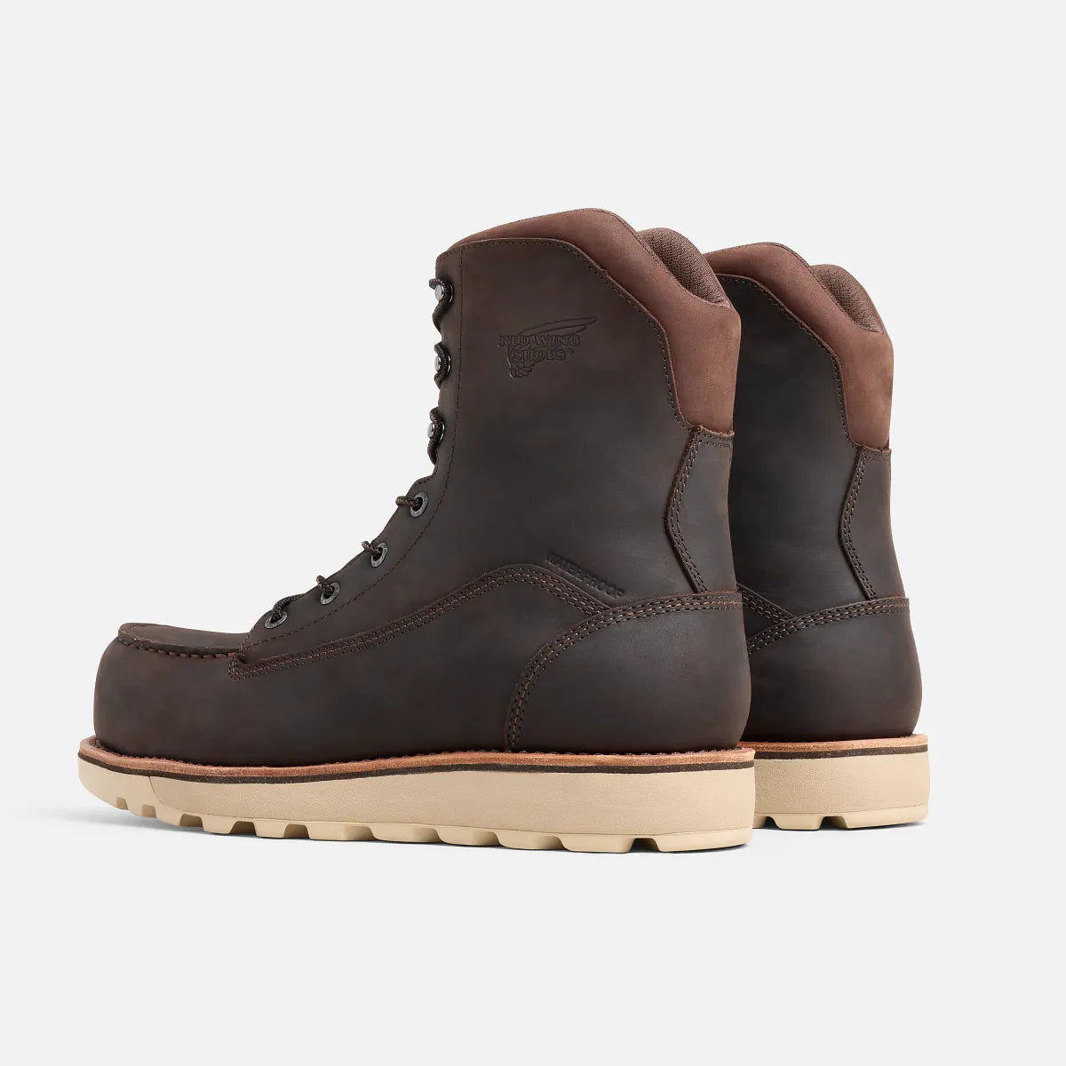 Red Wing mens work boots rear view showing moc toe stitching and lug sole