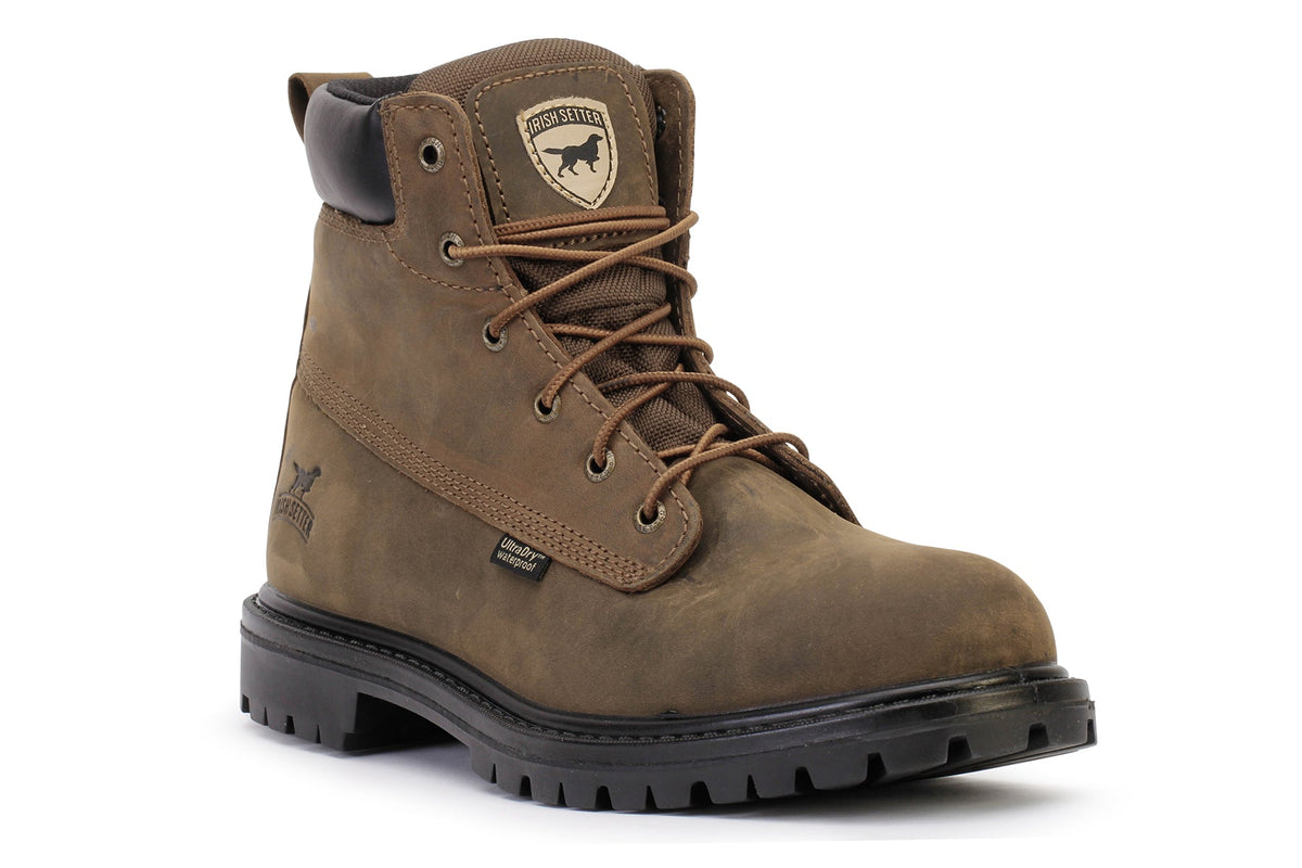 Irish Setter mens waterproof lace-up work boot with rugged lug sole, angled view