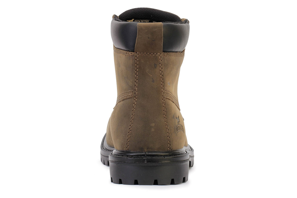 Rear view of a men's 6-inch waterproof leather work boot with lugged sole