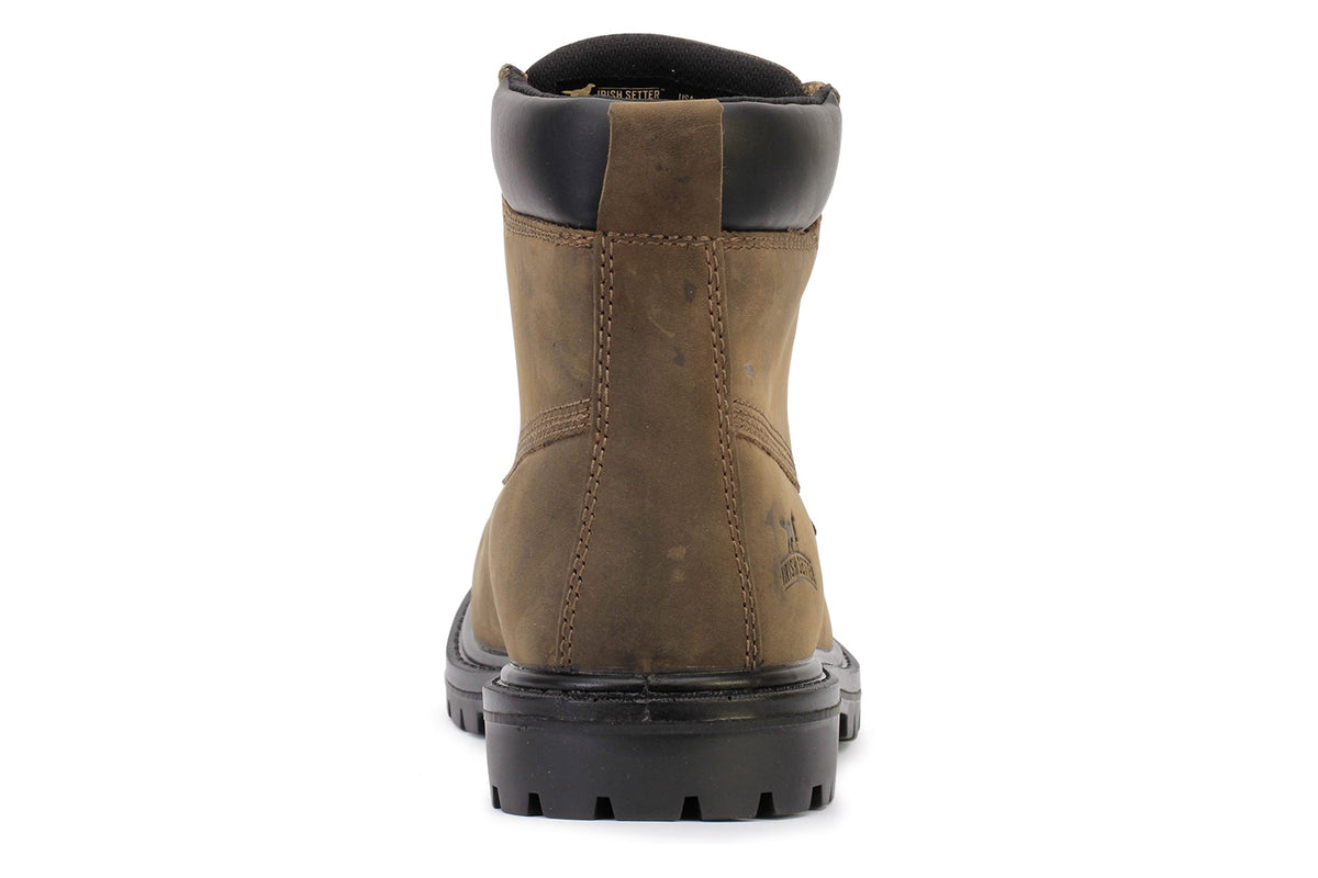 Rear view of a men's 6-inch waterproof leather work boot with lugged sole