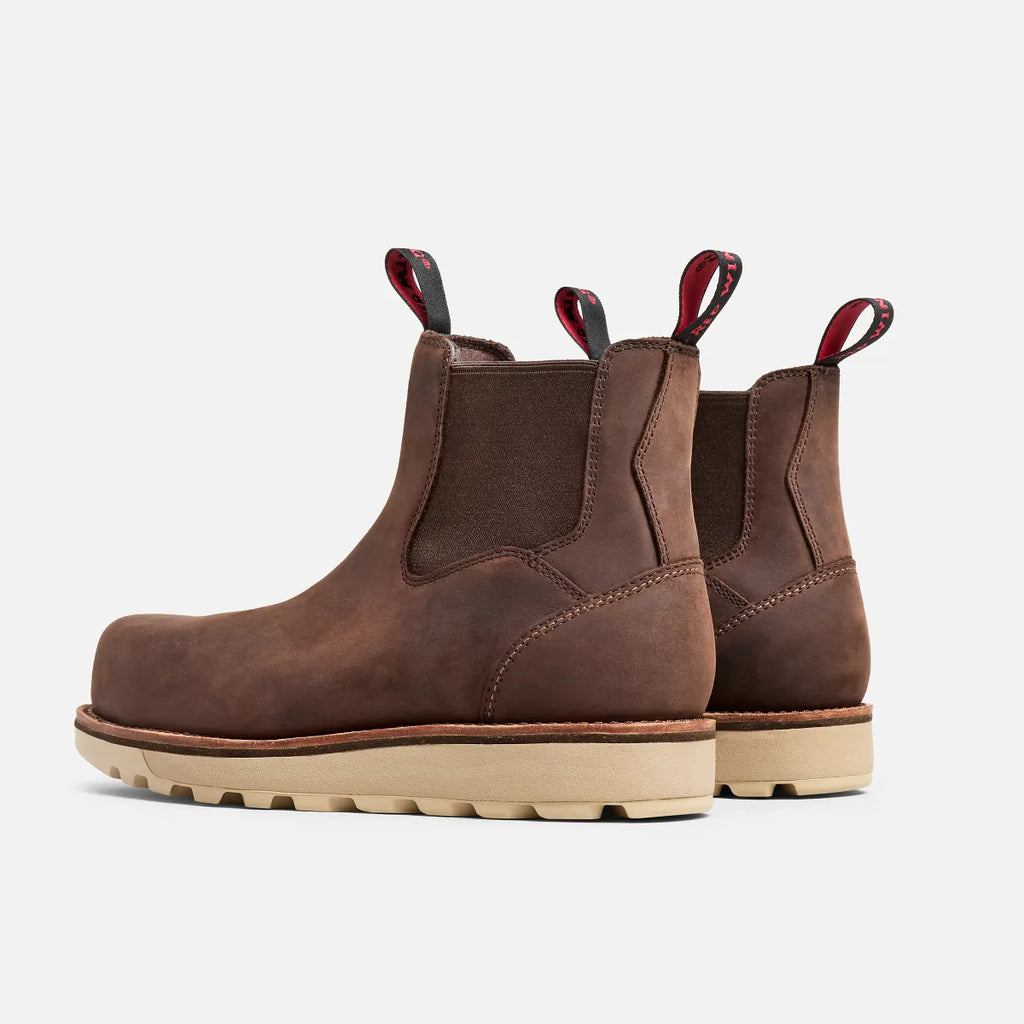 Rear view of men's brown leather Chelsea boots with elastic side panels and pull tabs