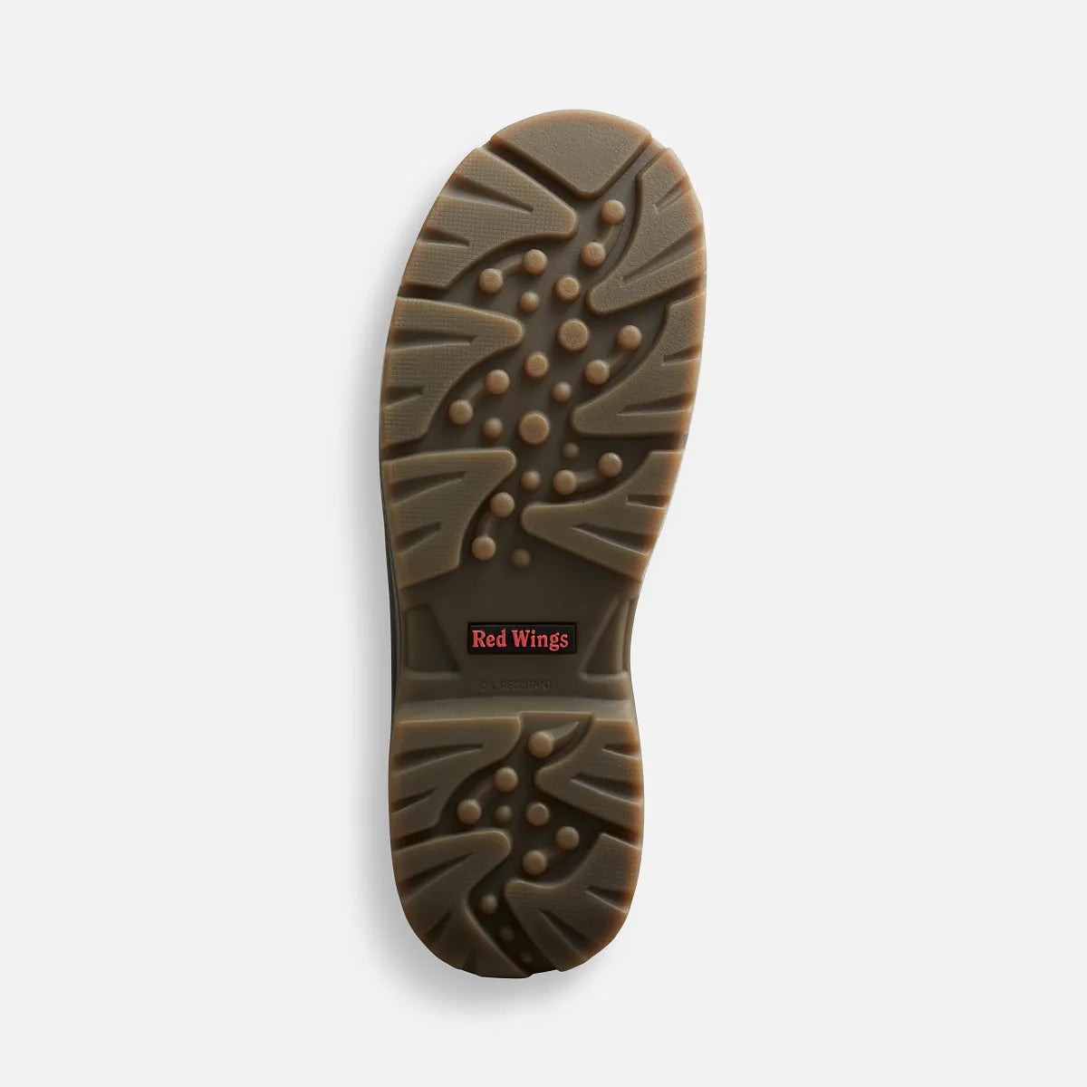Bottom sole view of Red Wing King Toe work boot showing aggressive tread pattern and brand logo