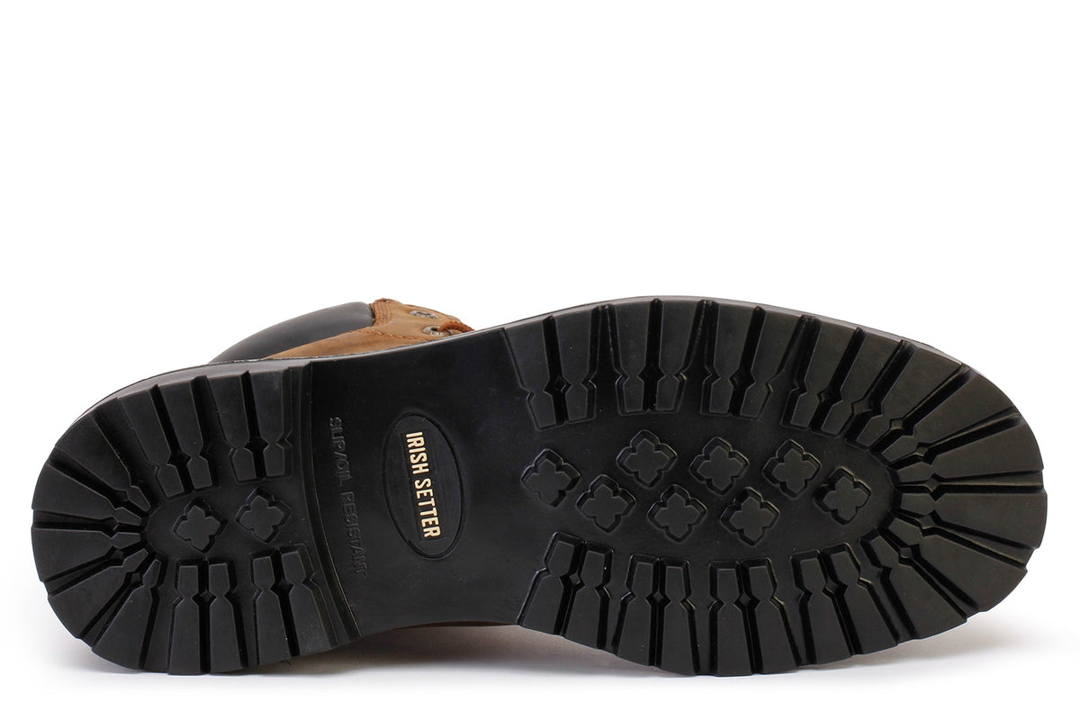 Bottom sole view of Irish Setter waterproof work boot with lug tread pattern