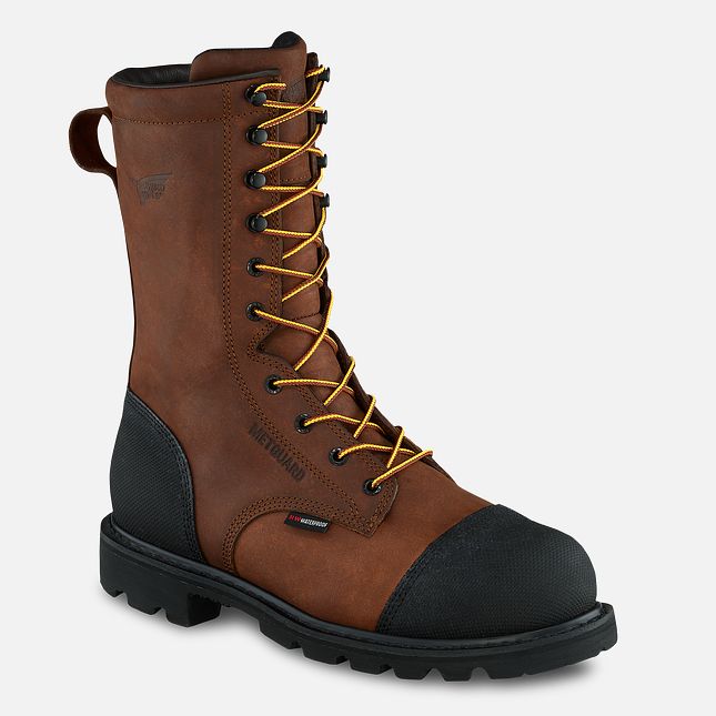Red Wing steel toe metguard work boot with yellow laces and rugged black outsole