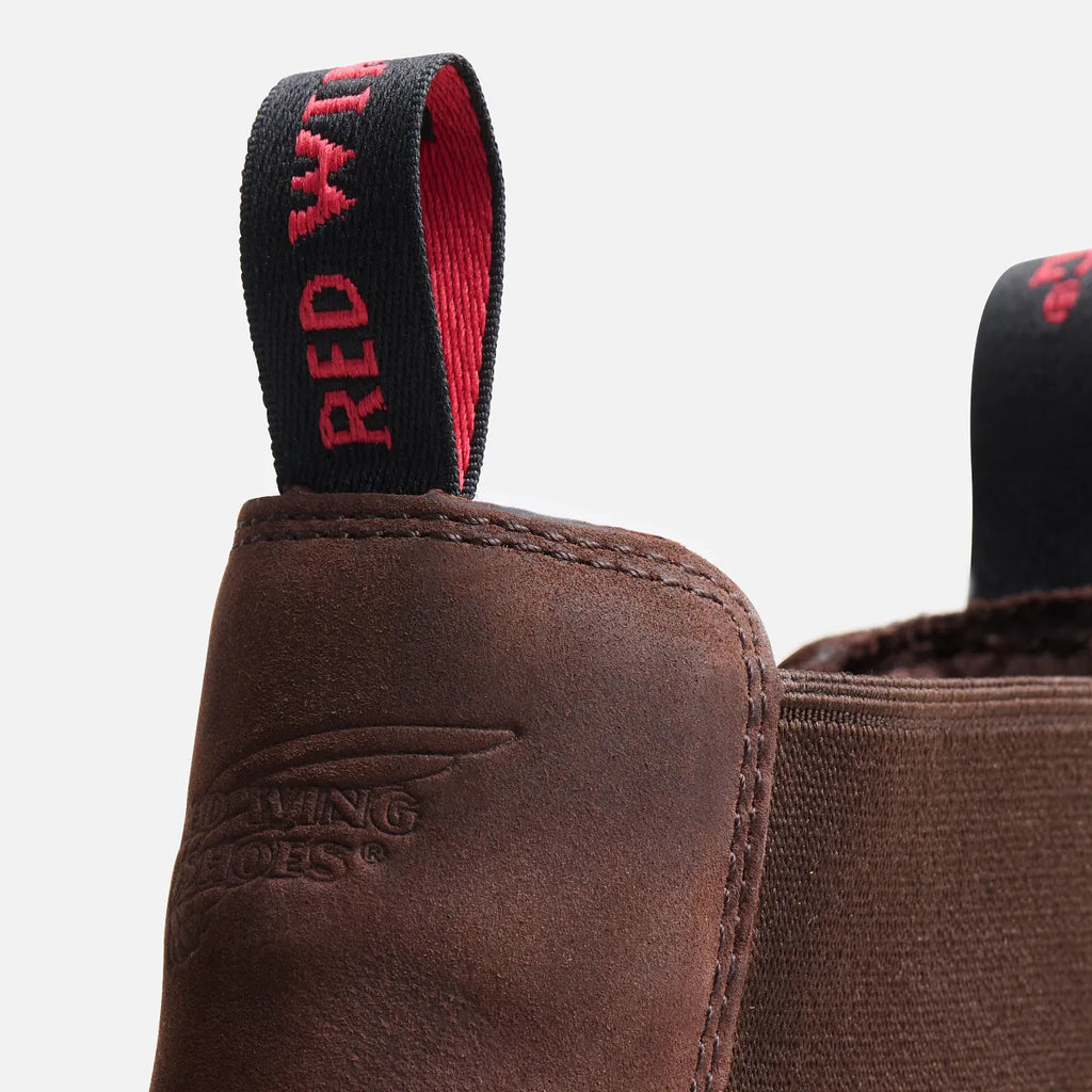 Close-up detail of Red Wing Chelsea boot pull tab and embossed logo on brown leather
