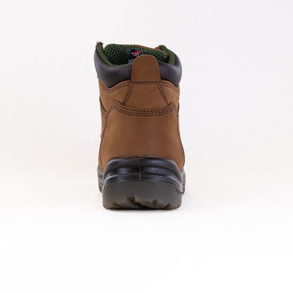 Rear view of a men's 6-inch leather work boot with black rubber outsole and green collar lining