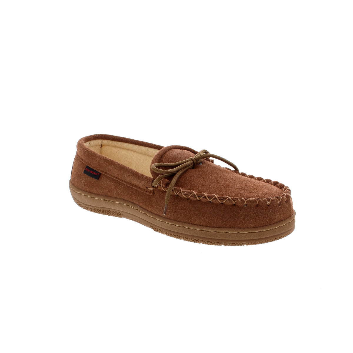 Men's suede moccasin loafer slipper with lace tie detail and rubber sole