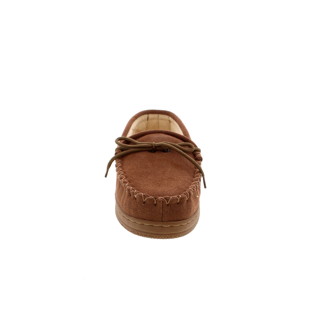 Front view of men's suede moccasin slipper with lace detail and rubber sole