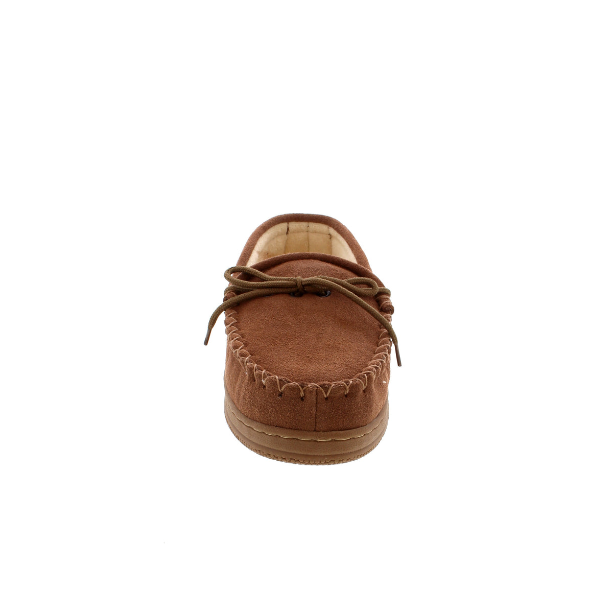 Front view of men's suede moccasin slipper with lace detail and rubber sole