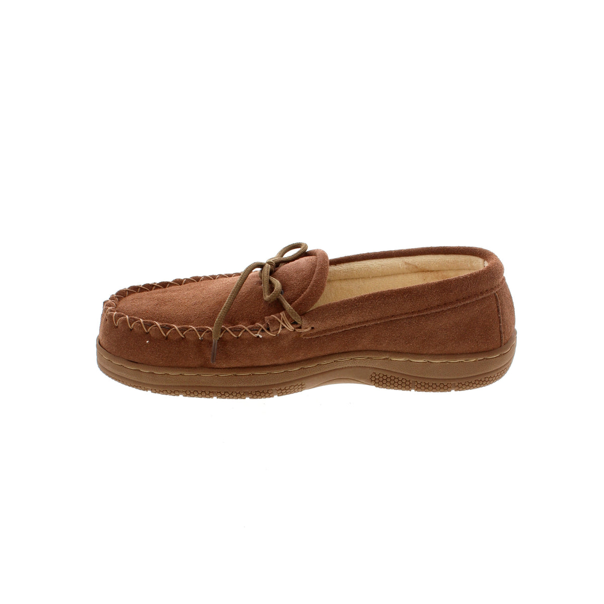 Men's suede moccasin slipper with sherpa lining, braided toe seam, and lace-up detail