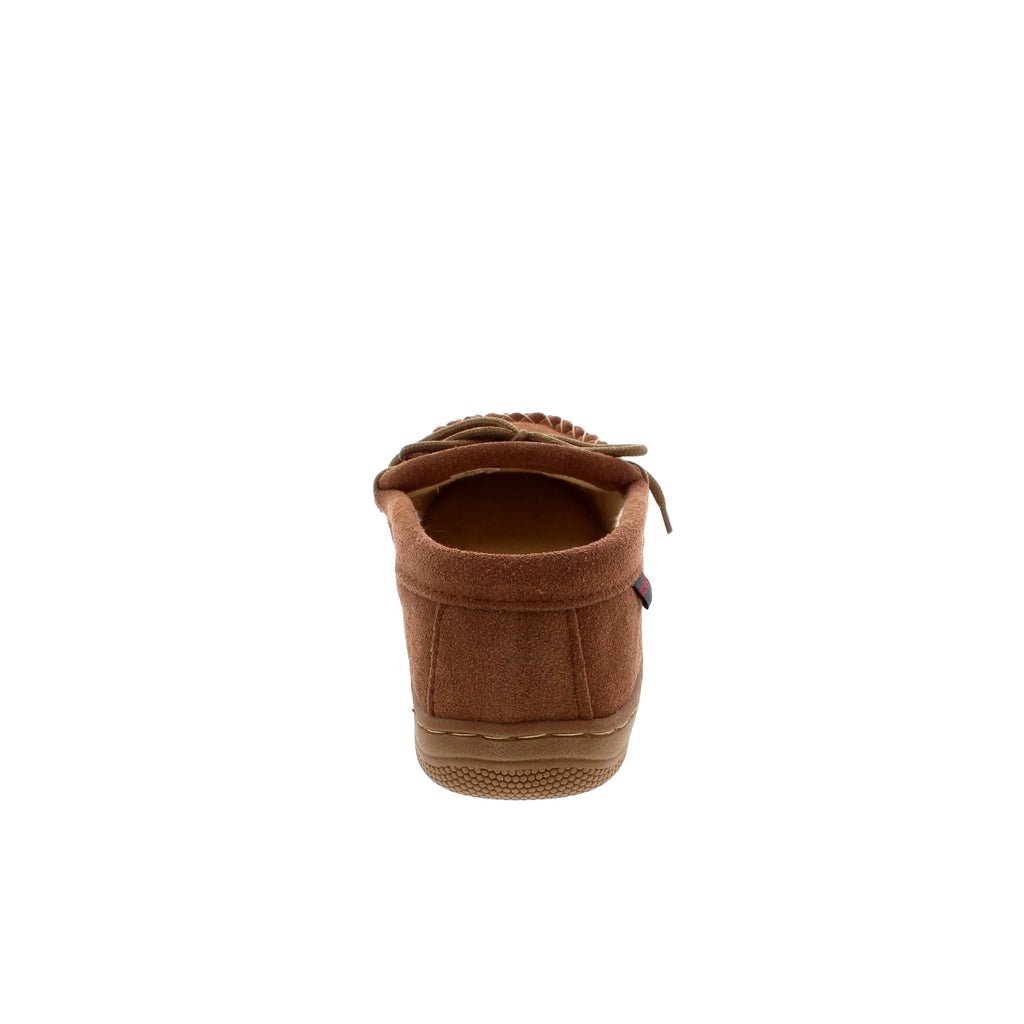 Back view of a men's suede loafer slipper with rubber sole and cloth lining