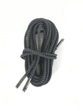 Coiled pair of round black shoelaces with silver metal aglets from Rhino Laces