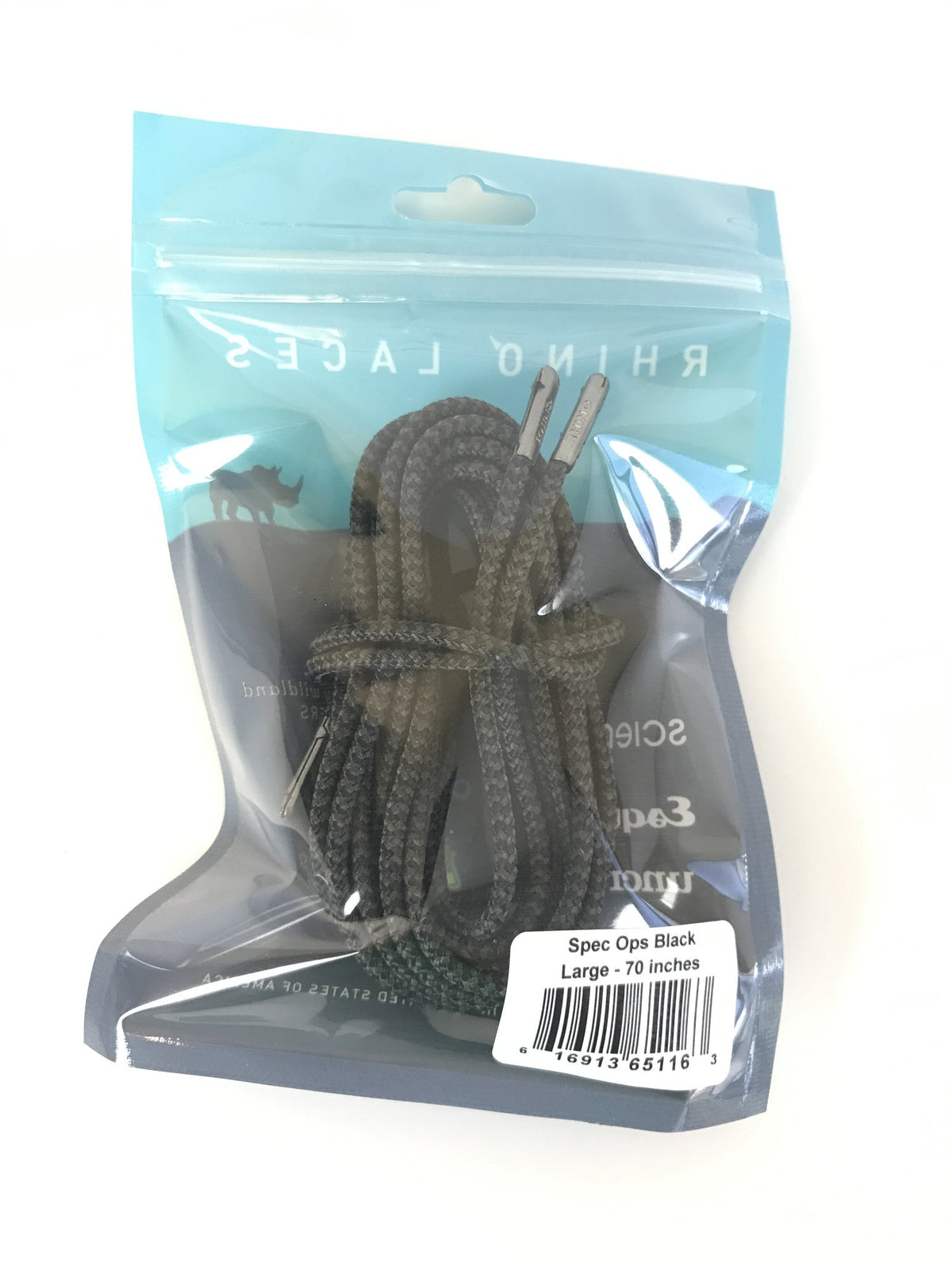 Rhino Laces Spec Ops Black round shoelaces in branded resealable packaging, 70 inches