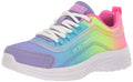Skechers girls sneaker with rainbow gradient upper, white laces, and white sole