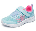Skechers girls sneaker with velcro strap, mesh upper, and white sole on seamless background