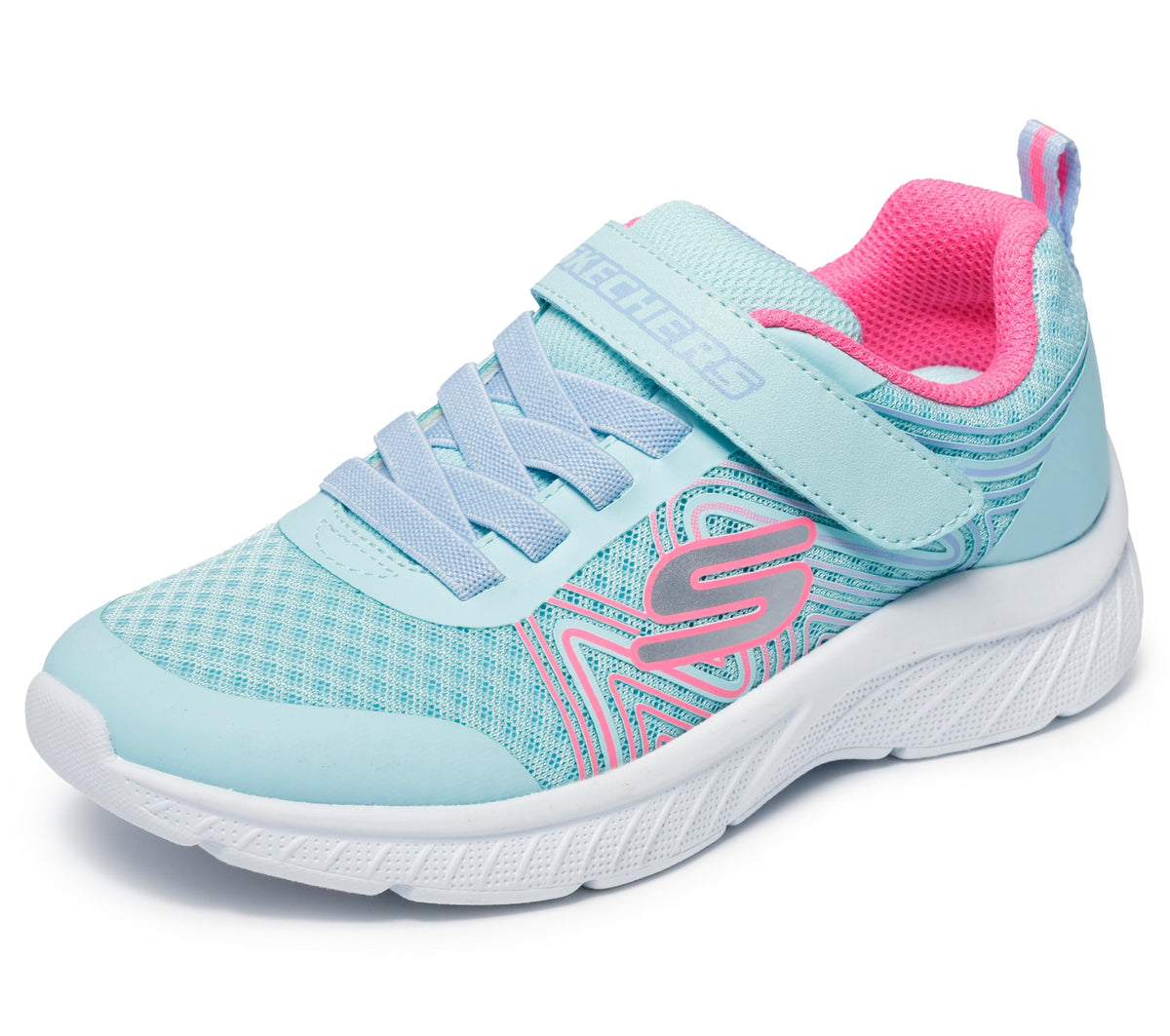 Skechers girls sneaker with velcro strap, mesh upper, and white sole on seamless background