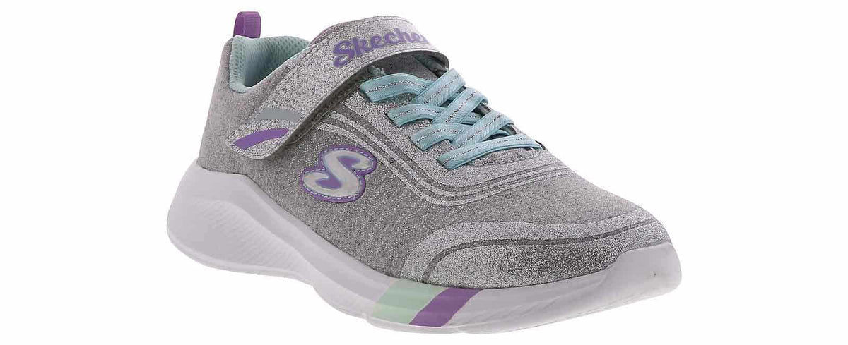Skechers girls sneaker with velcro strap, elastic laces, and glitter mesh upper