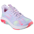Girls Skechers athletic sneaker in lavender with multicolor striped accents and pink sole