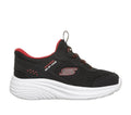 Skechers Slip-Ins boys sneaker with black mesh upper, red accents, and white chunky sole
