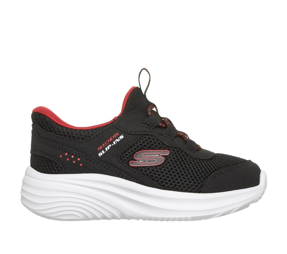 Skechers Slip-Ins boys sneaker with black mesh upper, red accents, and white chunky sole