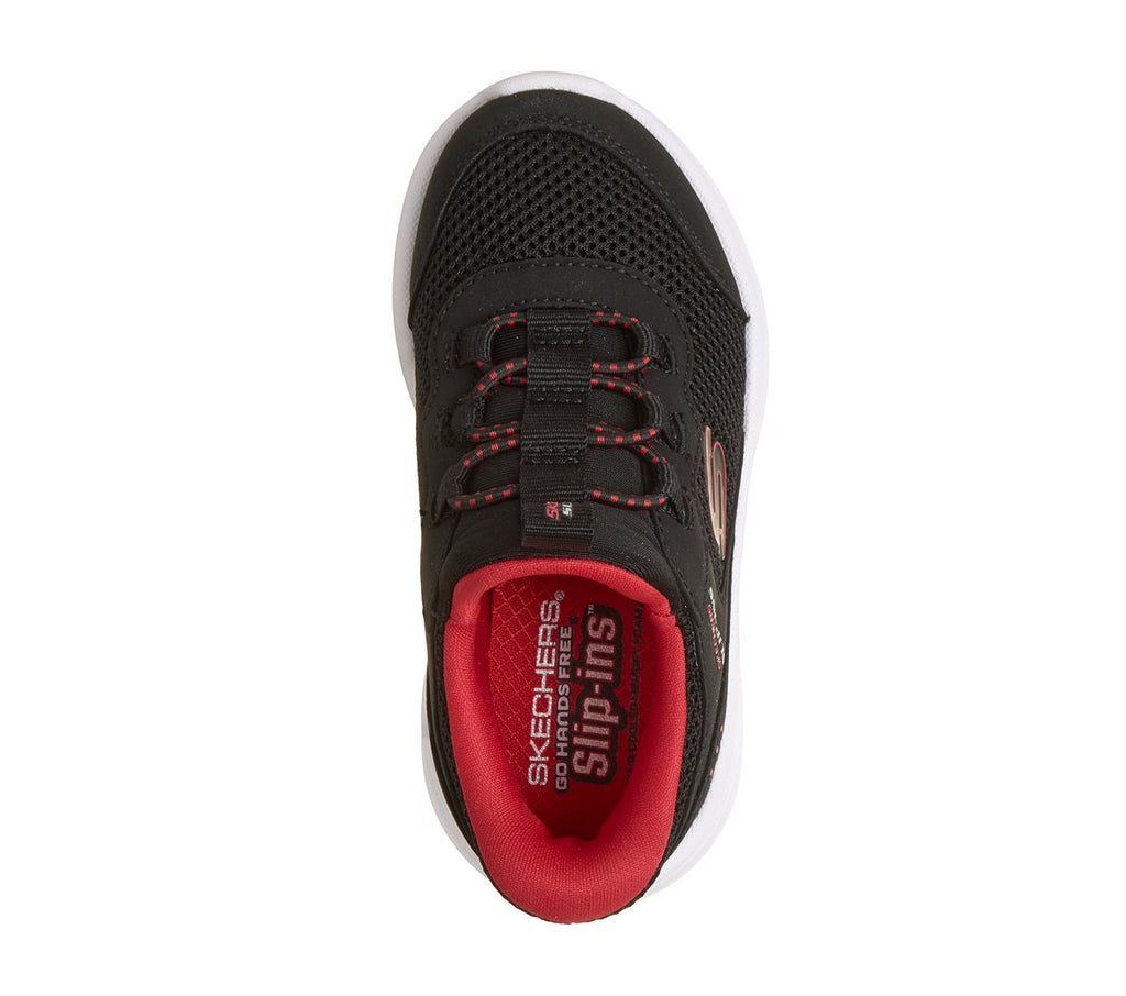 Top-down view of a black slip-in sneaker with red accents and elastic lacing