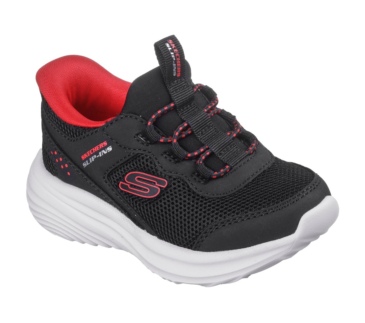 Skechers Slip-Ins boys sneaker with black mesh upper, red accents, and white sole