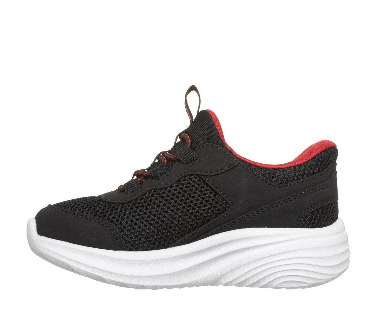 Skechers boys sneaker with black mesh upper, red collar accent, and chunky white sole
