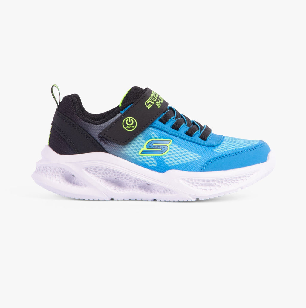 Skechers boys light-up sneaker with blue mesh upper, black heel, and white sole