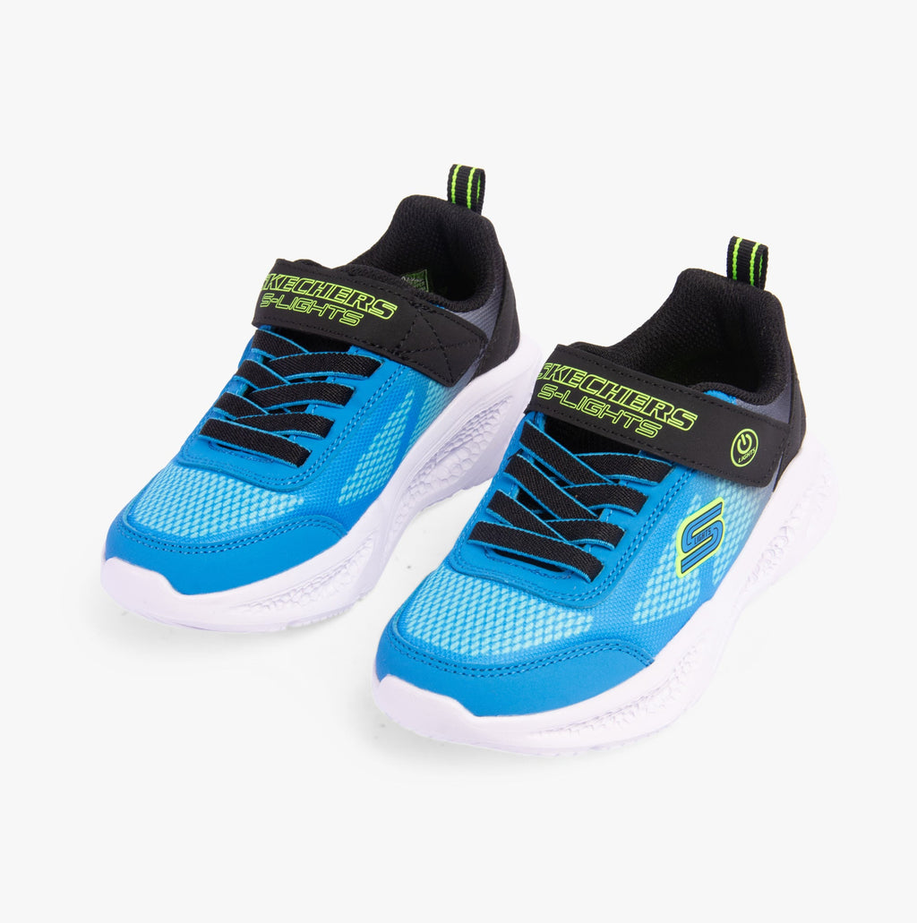 Skechers S-Lights boys sneakers with velcro strap, elastic laces, and blue mesh upper