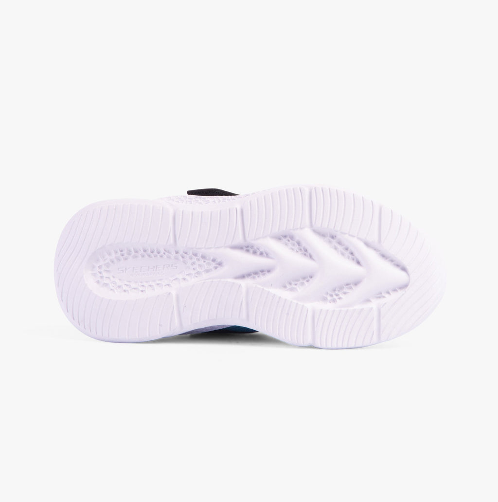 Bottom sole view of Skechers boys sneaker showing white rubber outsole with tread pattern