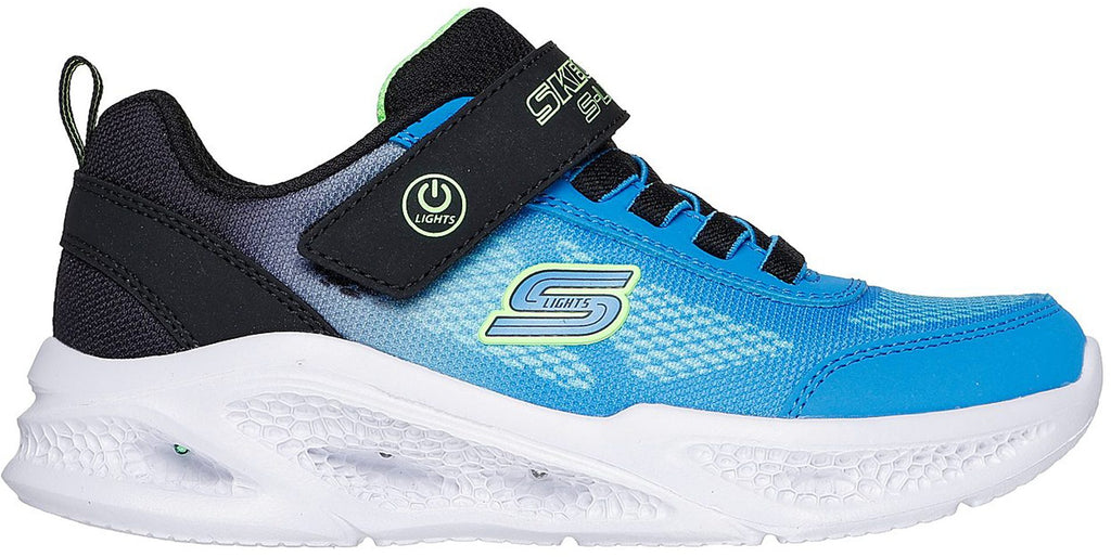 Skechers boys light-up sneaker with blue mesh upper, black heel, and white sole