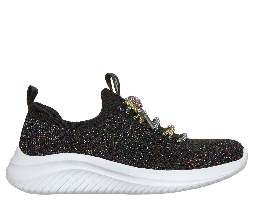 Girls slip-on knit sneaker with multicolor glitter upper, jeweled lace detail, and white sole