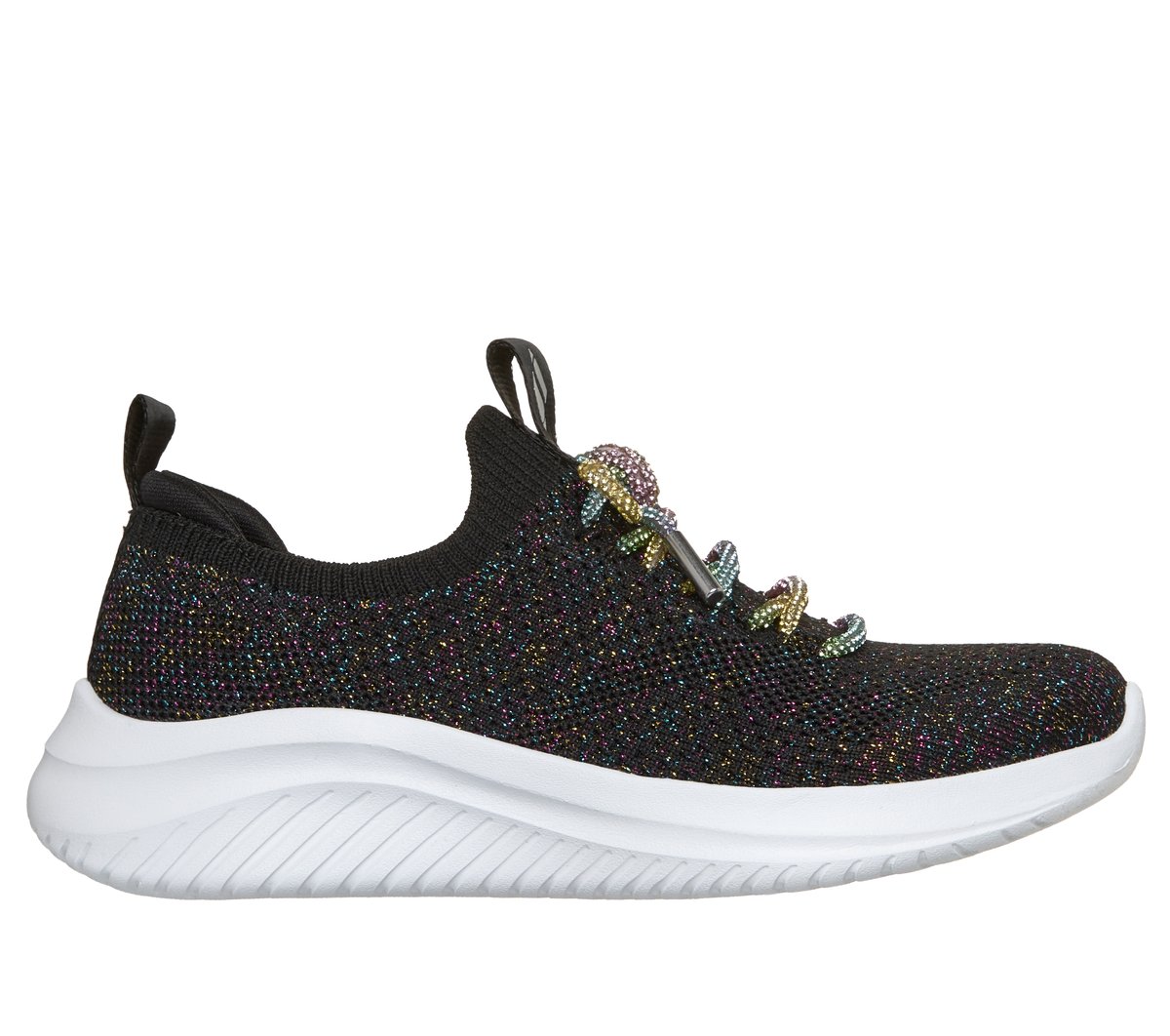 Girls slip-on knit sneaker with multicolor glitter upper, jeweled lace detail, and white sole