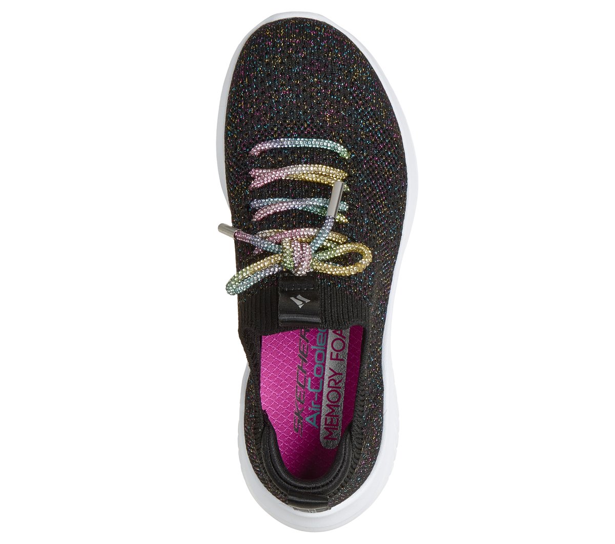 Top-down view of girls glitter knit sneaker with rainbow beaded laces and memory foam insole