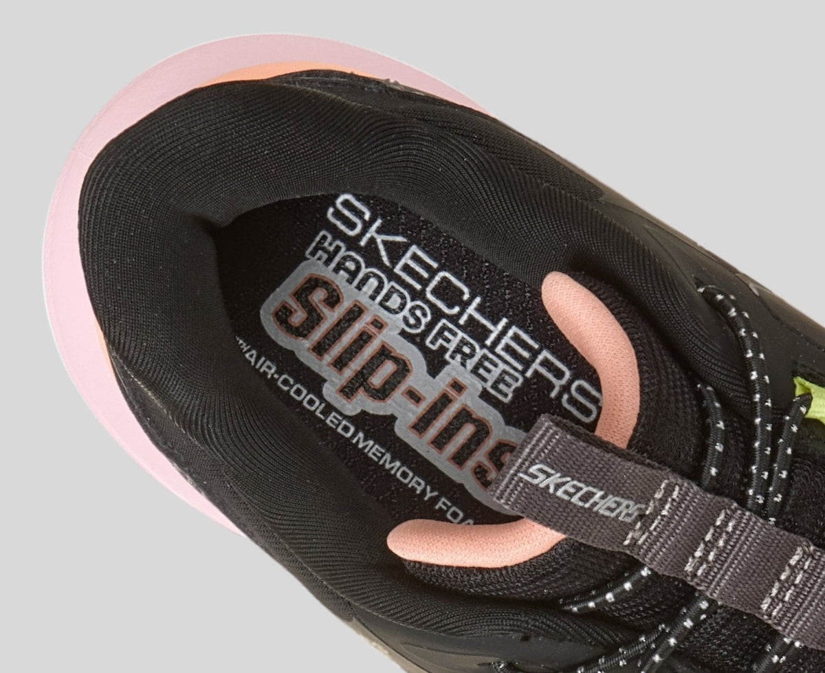 Close-up interior detail of Skechers Hands Free Slip-ins insole with Air-Cooled Memory Foam branding