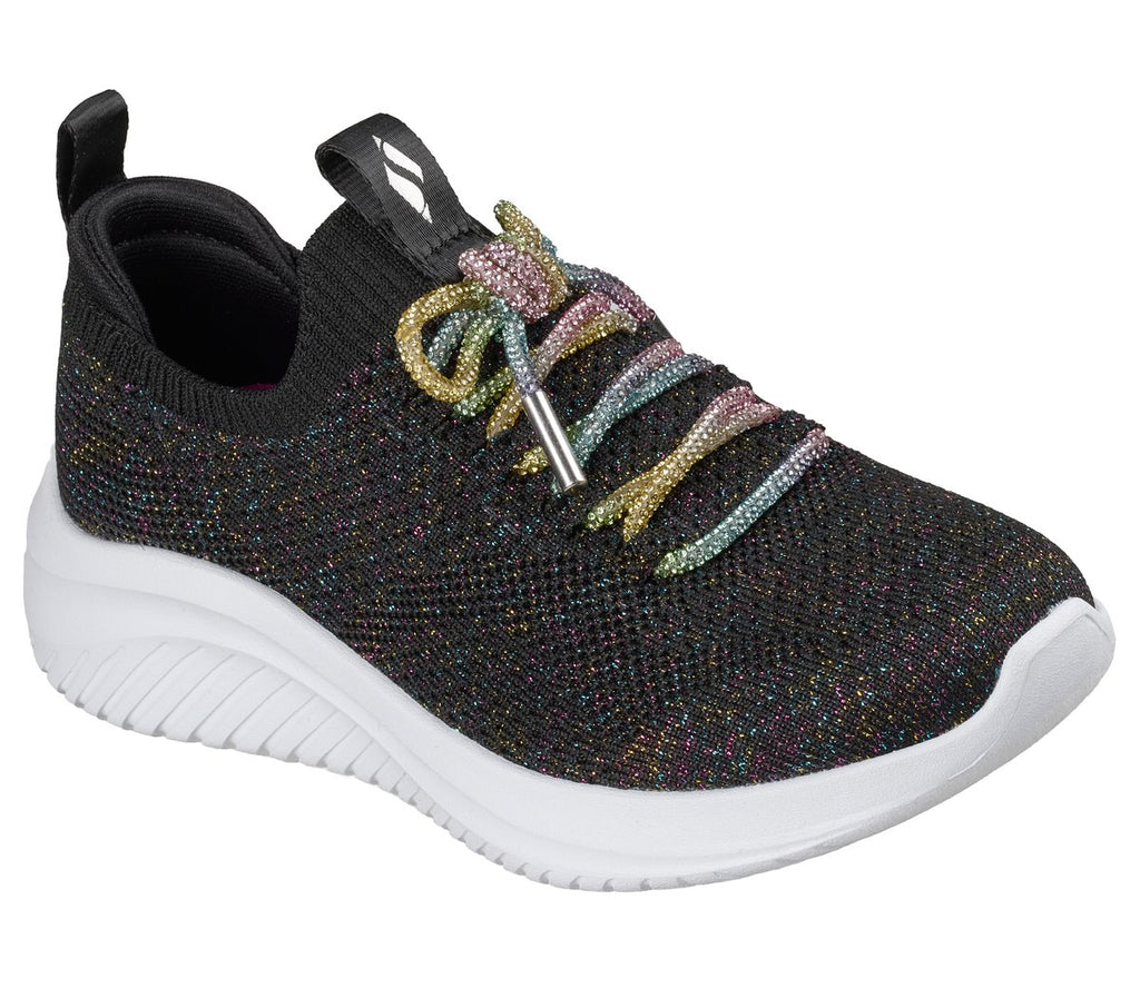 Skechers girls slip-on sneaker with black glitter knit upper and multicolor rhinestone laces