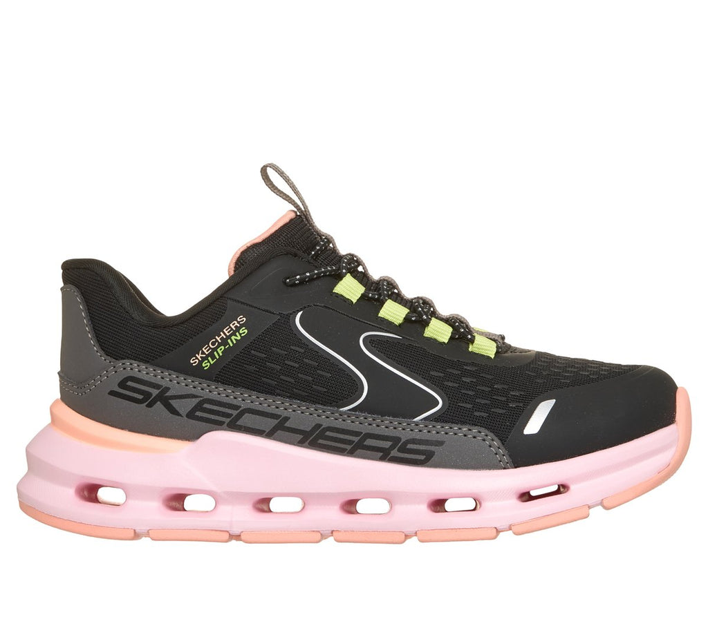 Skechers girls slip-in sneaker with black upper, pink chunky sole, and lime lace details