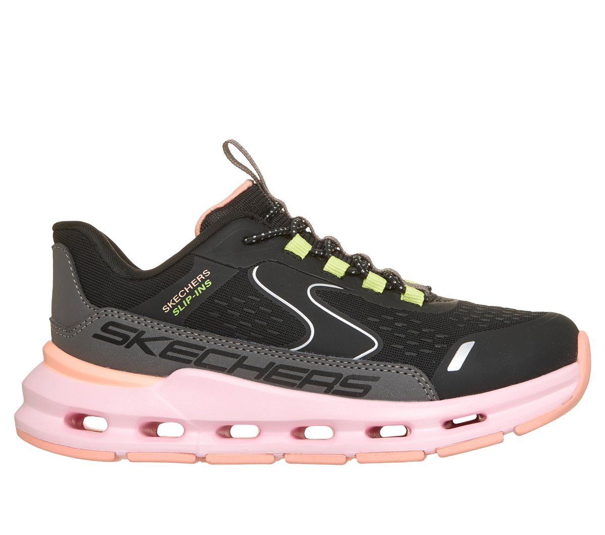 Skechers girls slip-in sneaker with black upper, pink chunky sole, and lime lace details