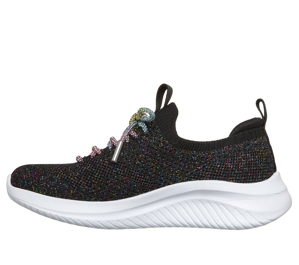 Skechers girls slip-on sneaker with sparkle knit upper and multicolor bead lace detail