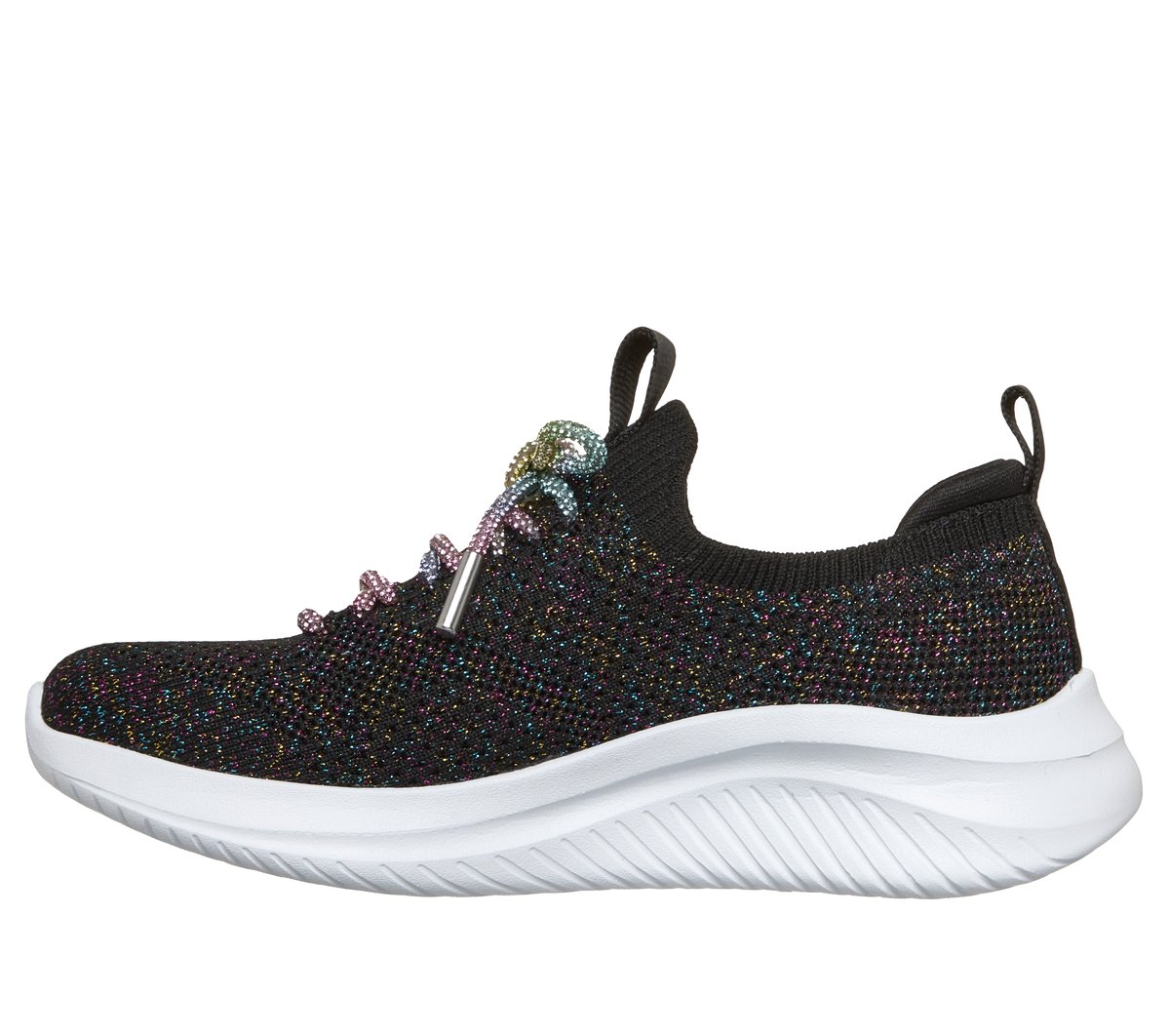 Skechers girls slip-on sneaker with sparkle knit upper and multicolor bead lace detail